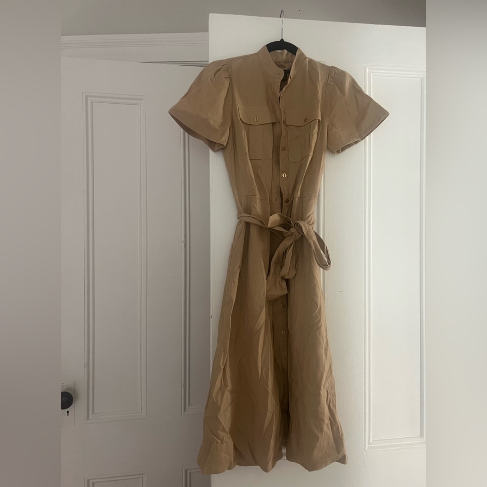 Ann Taylor tan button down tie waist dress